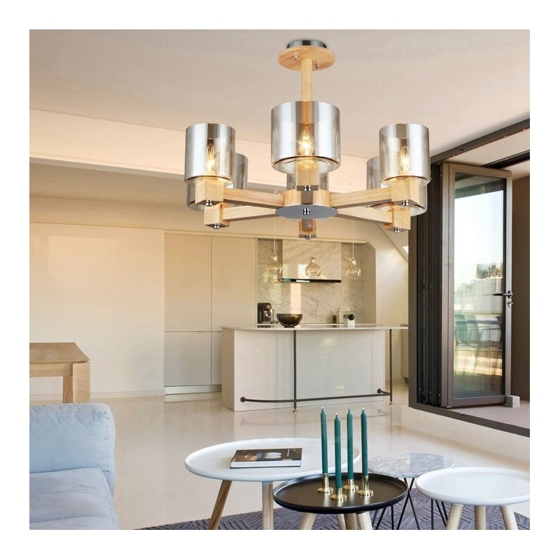 Lámpara de araña de estilo nórdico contemporáneo moderno de madera de 6 luces con pantalla de cristal