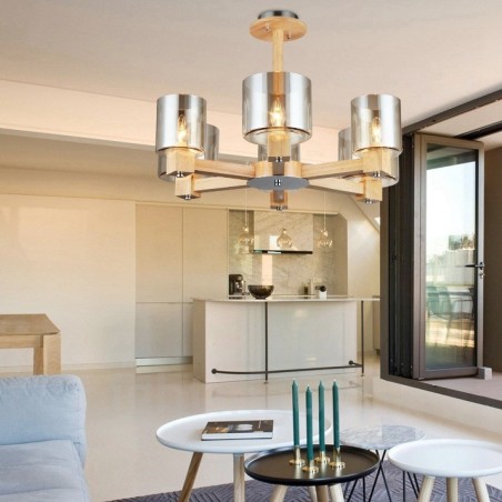 Lámpara de araña de estilo nórdico contemporáneo moderno de madera de 6 luces con pantalla de cristal Lámpara de araña de estilo nórdico contemporáneo moderno de madera de 6 luces con pantalla de cristal