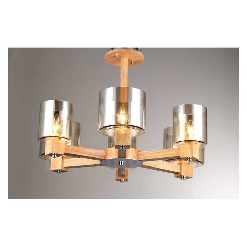 Lámpara de araña de estilo nórdico contemporáneo moderno de madera de 6 luces con pantalla de cristal