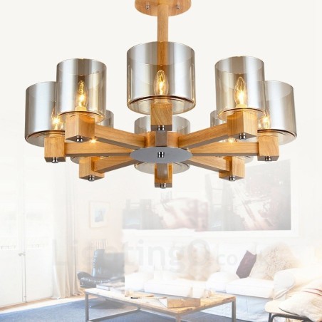 Lámpara de araña de estilo nórdico contemporáneo moderno de 8 luces de madera con pantalla de cristal Lámpara de araña de estilo nórdico contemporáneo moderno de 8 luces de madera con pantalla de cristal