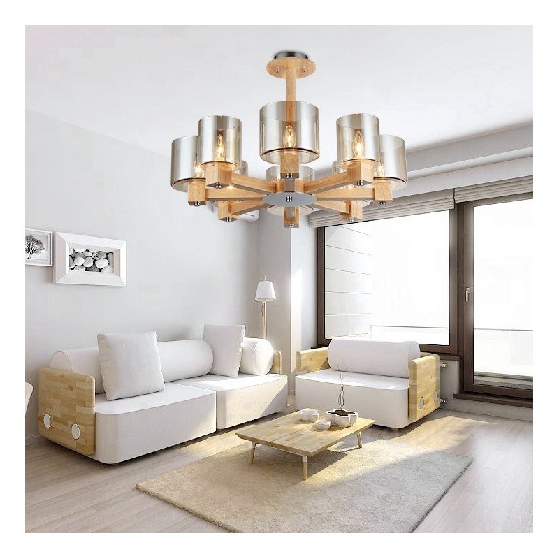 Lámpara de araña de estilo nórdico contemporáneo moderno de 8 luces de madera con pantalla de cristal
