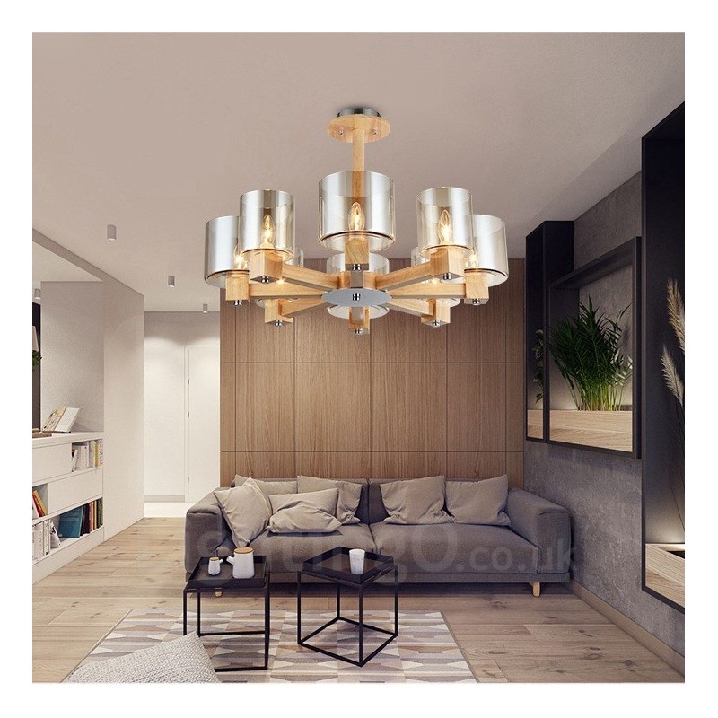 Lámpara de araña de estilo nórdico contemporáneo moderno de 8 luces de madera con pantalla de cristal