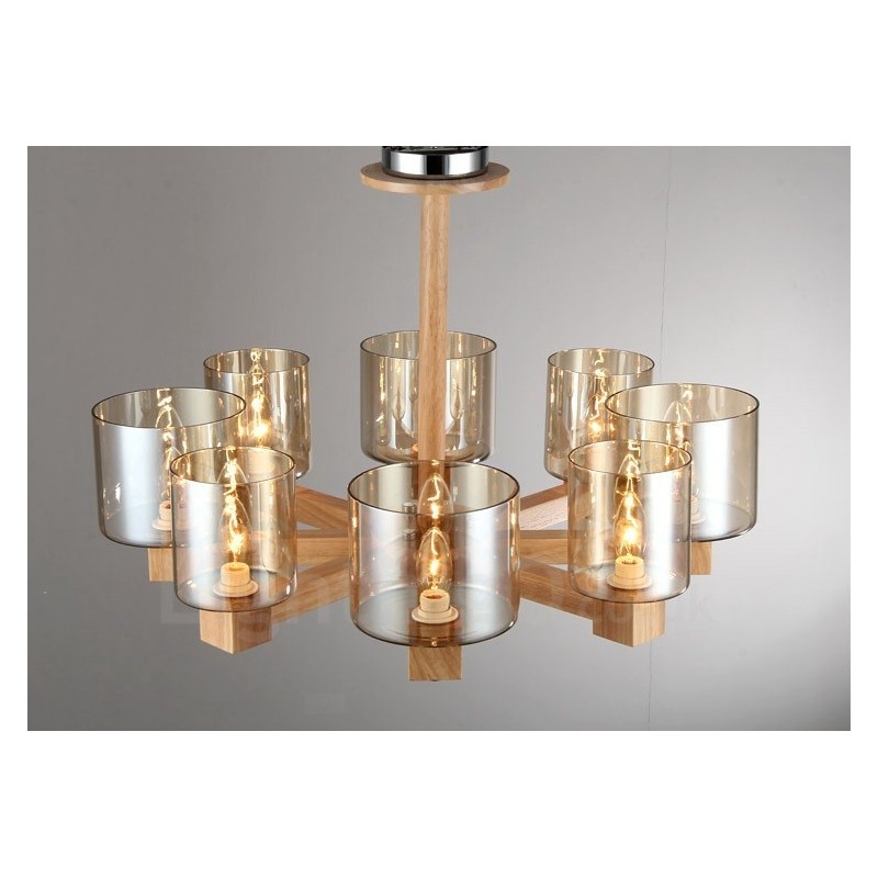 Lámpara de araña de estilo nórdico contemporáneo moderno de 8 luces de madera con pantalla de cristal