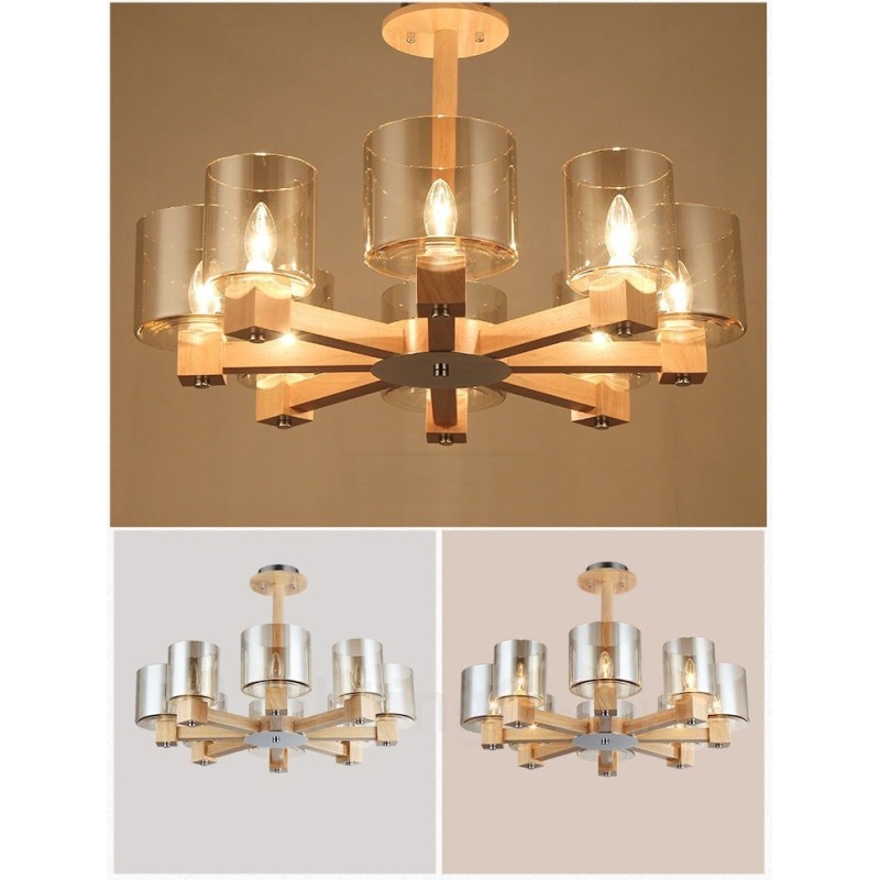 Lámpara de araña de estilo nórdico contemporáneo moderno de 8 luces de madera con pantalla de cristal