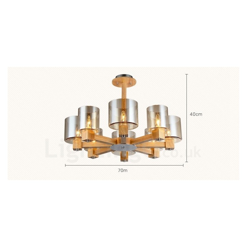 Lámpara de araña de estilo nórdico contemporáneo moderno de 8 luces de madera con pantalla de cristal