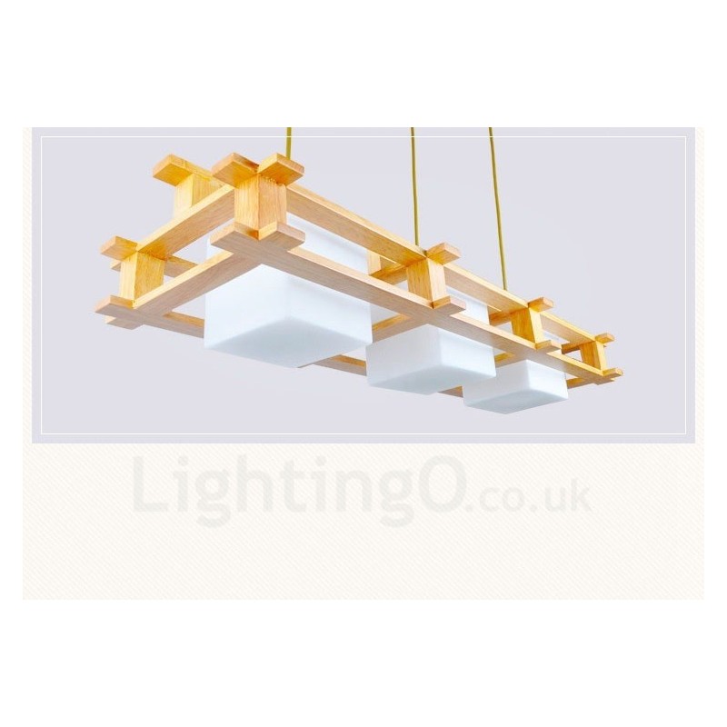 Lámpara colgante de 3 luces de madera moderna de estilo nórdico contemporáneo con pantalla de cristal