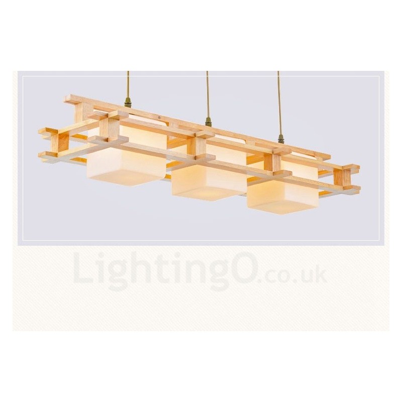 Lámpara colgante de 3 luces de madera moderna de estilo nórdico contemporáneo con pantalla de cristal
