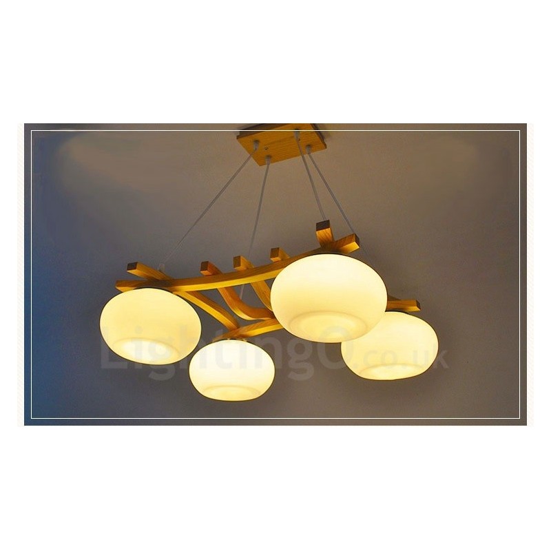 Lámpara colgante rústica de madera de 4 luces con pantalla de vidrio