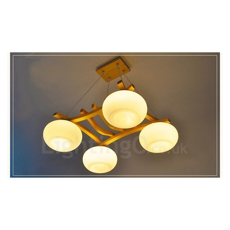 Lámpara colgante rústica de madera de 4 luces con pantalla de vidrio