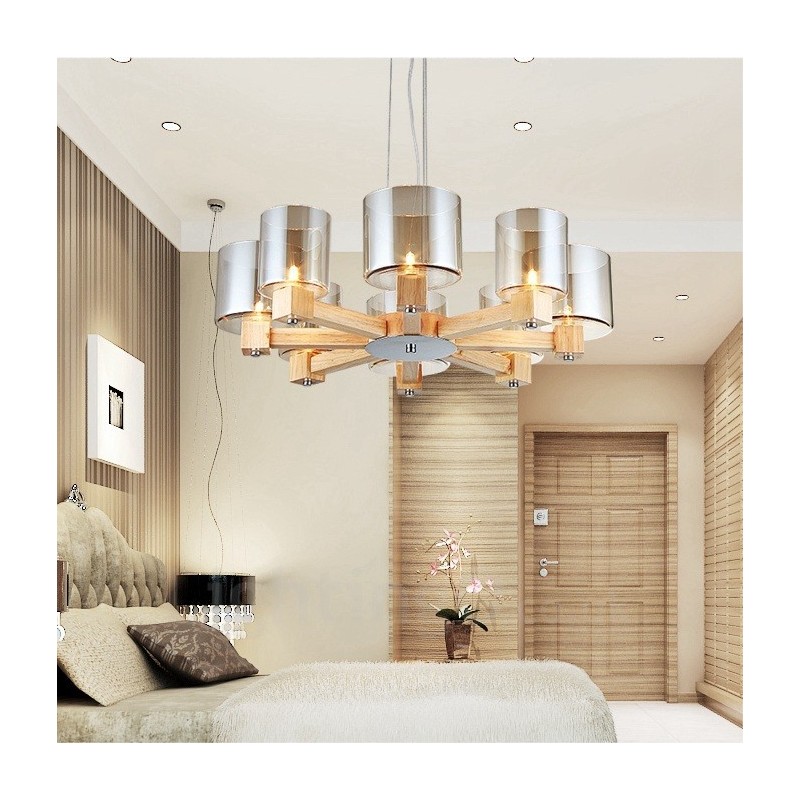 Lámpara colgante de estilo nórdico contemporáneo moderno de madera de 8 luces con pantalla de vidrio