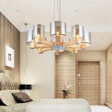 Lámpara colgante de estilo nórdico contemporáneo moderno de madera de 8 luces con pantalla de vidrio Lámpara colgante de estilo nórdico contemporáneo moderno de madera de 8 luces con pantalla de vidrio