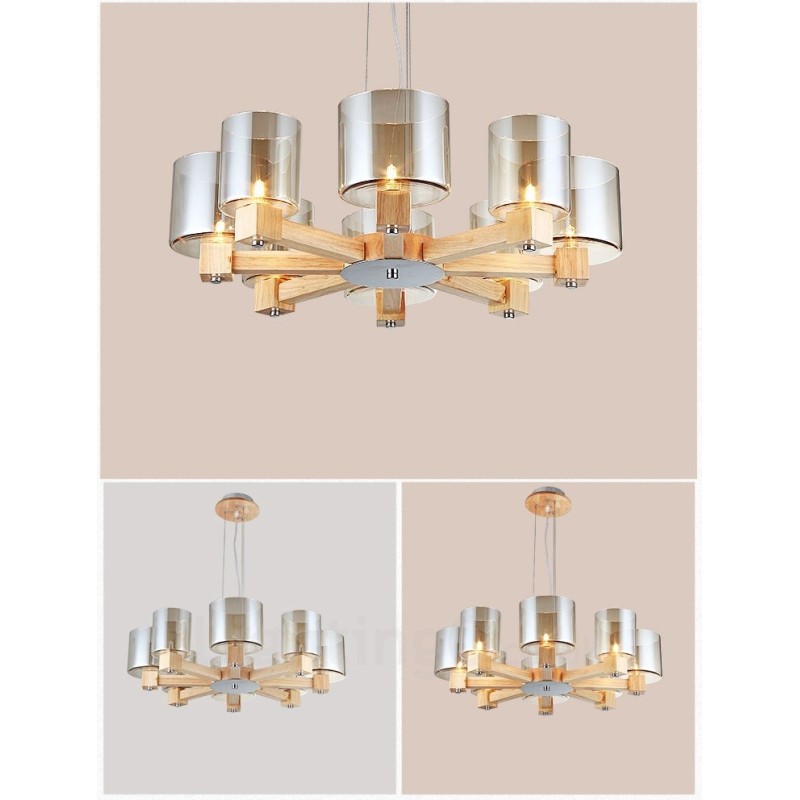 Lámpara colgante de estilo nórdico contemporáneo moderno de madera de 8 luces con pantalla de vidrio