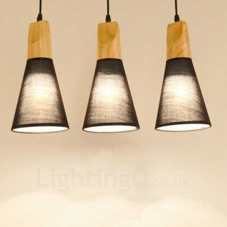 Lámpara colgante contemporánea moderna de madera de 3 luces con pantalla de tela Lámpara colgante contemporánea moderna de madera de 3 luces con pantalla de tela