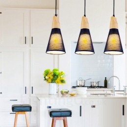 Lámpara colgante contemporánea moderna de madera de 3 luces con pantalla de tela