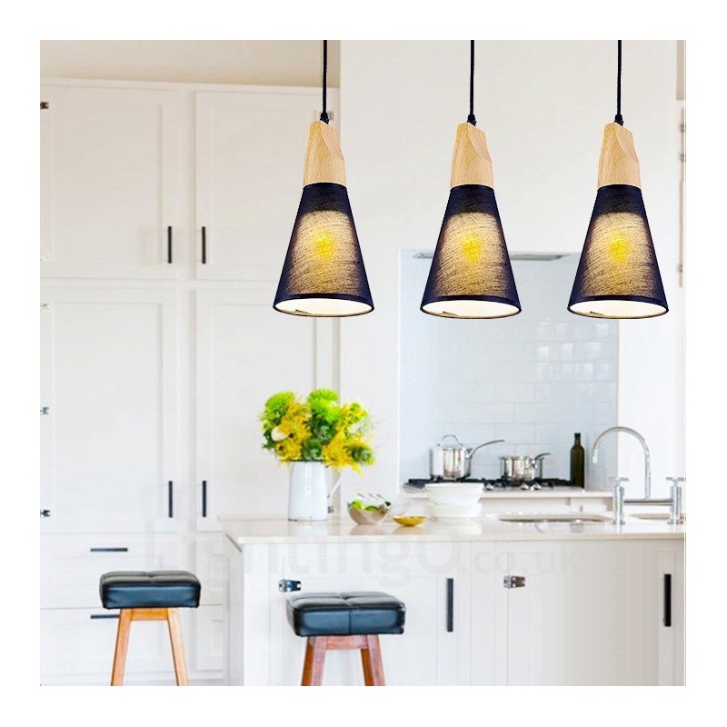 Lámpara colgante contemporánea moderna de madera de 3 luces con pantalla de tela