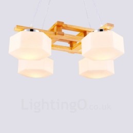 Lámpara colgante de estilo nórdico contemporáneo moderno de madera de 4 luces con pantalla de vidrio