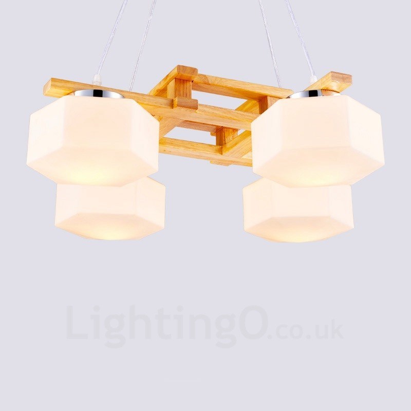 Lámpara colgante de estilo nórdico contemporáneo moderno de madera de 4 luces con pantalla de vidrio
