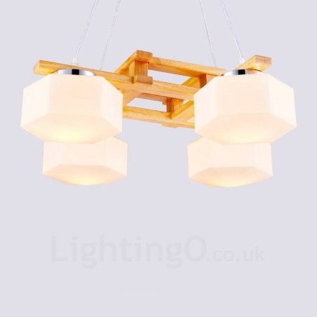 Lámpara colgante de estilo nórdico contemporáneo moderno de madera de 4 luces con pantalla de vidrio Lámpara colgante de estilo nórdico contemporáneo moderno de madera de 4 luces con pantalla de vidrio