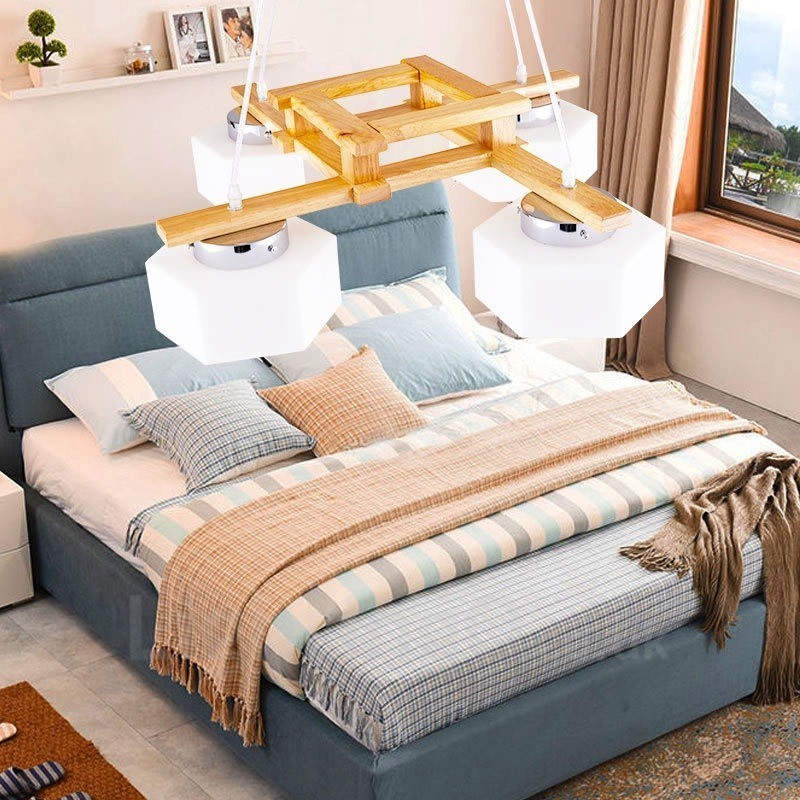 Lámpara colgante de estilo nórdico contemporáneo moderno de madera de 4 luces con pantalla de vidrio