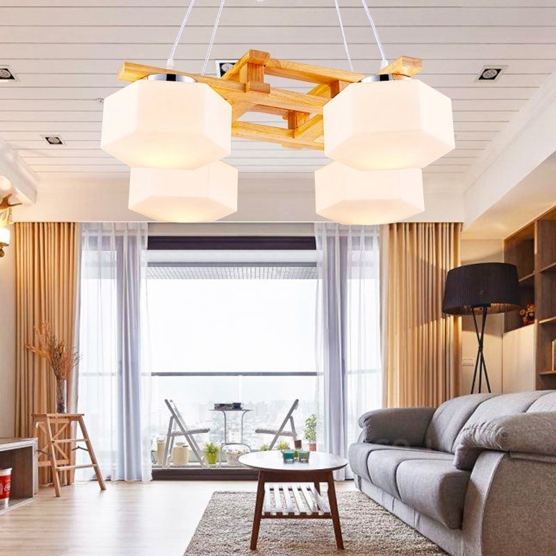 Lámpara colgante de estilo nórdico contemporáneo moderno de madera de 4 luces con pantalla de vidrio