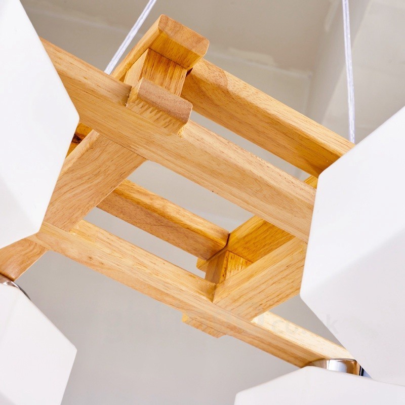 Lámpara colgante de estilo nórdico contemporáneo moderno de madera de 4 luces con pantalla de vidrio