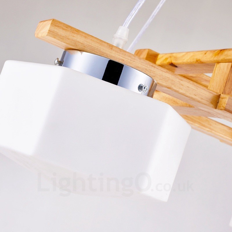Lámpara colgante de estilo nórdico contemporáneo moderno de madera de 4 luces con pantalla de vidrio