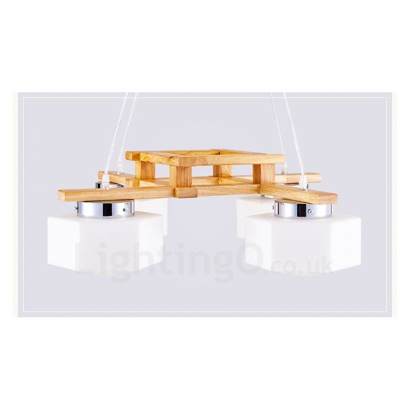 Lámpara colgante de estilo nórdico contemporáneo moderno de madera de 4 luces con pantalla de vidrio