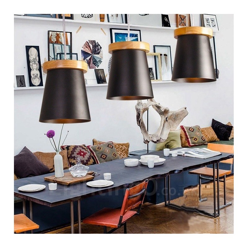 Lámpara colgante de 3 luces de madera moderna de estilo nórdico contemporáneo con pantalla de hierro