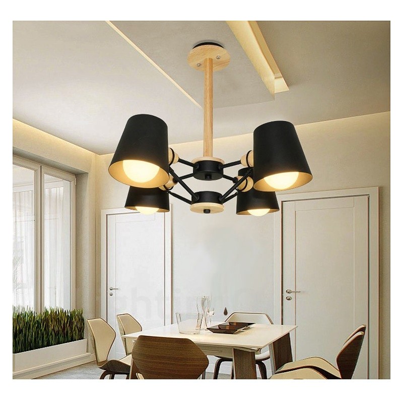 Lámpara colgante de estilo nórdico contemporáneo moderno de madera de 4 luces con pantalla de hierro