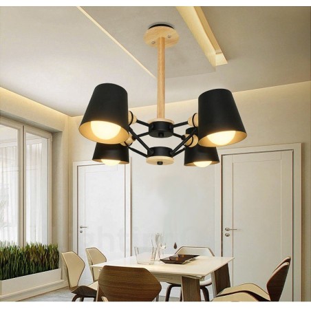 Lámpara colgante de estilo nórdico contemporáneo moderno de madera de 4 luces con pantalla de hierro Lámpara colgante de estilo nórdico contemporáneo moderno de madera de 4 luces con pantalla de hierro