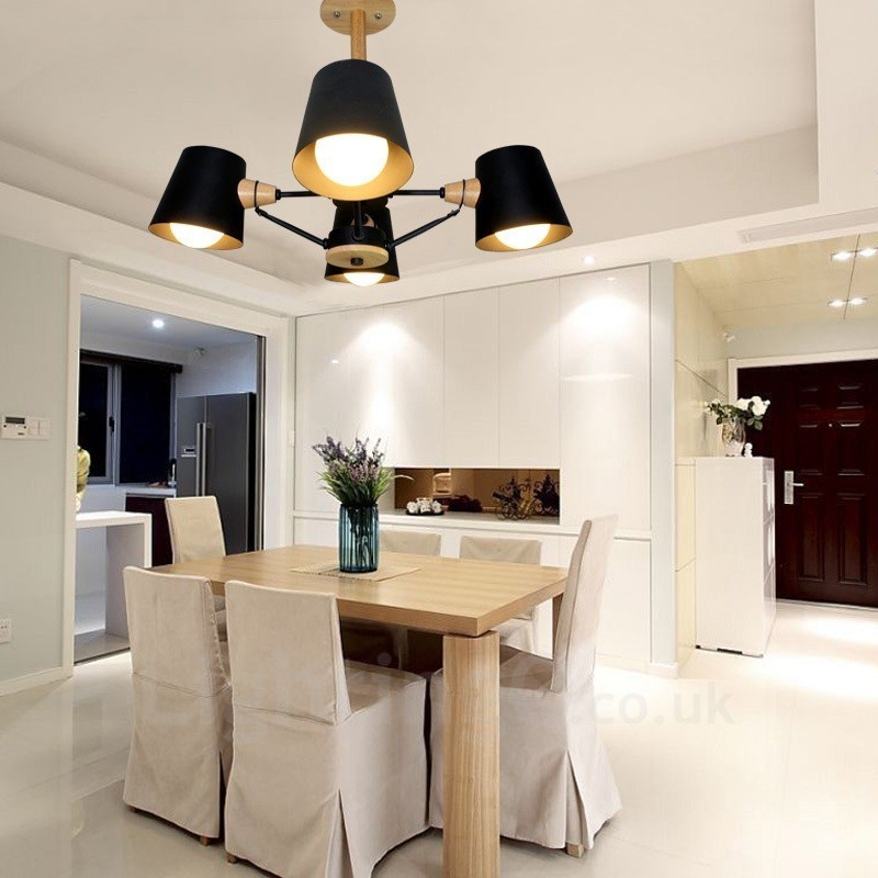 Lámpara colgante de estilo nórdico contemporáneo moderno de madera de 4 luces con pantalla de hierro