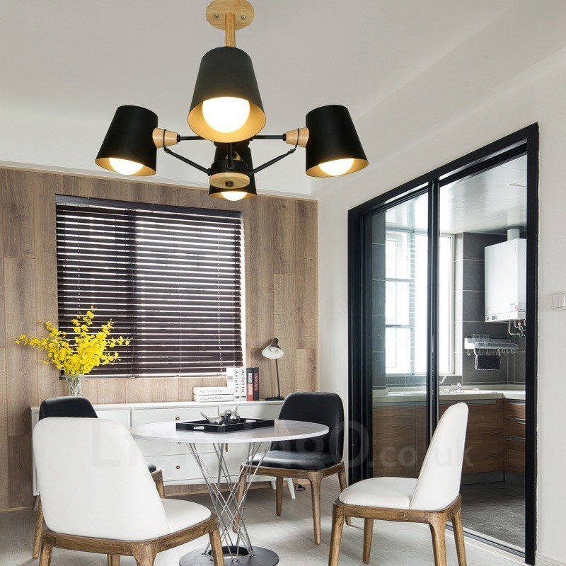 Lámpara colgante de estilo nórdico contemporáneo moderno de madera de 4 luces con pantalla de hierro