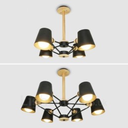 Lámpara colgante de estilo nórdico contemporáneo moderno de madera de 4 luces con pantalla de hierro