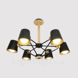 Lámpara colgante de estilo nórdico contemporáneo moderno de madera de 6 luces con pantalla de hierro