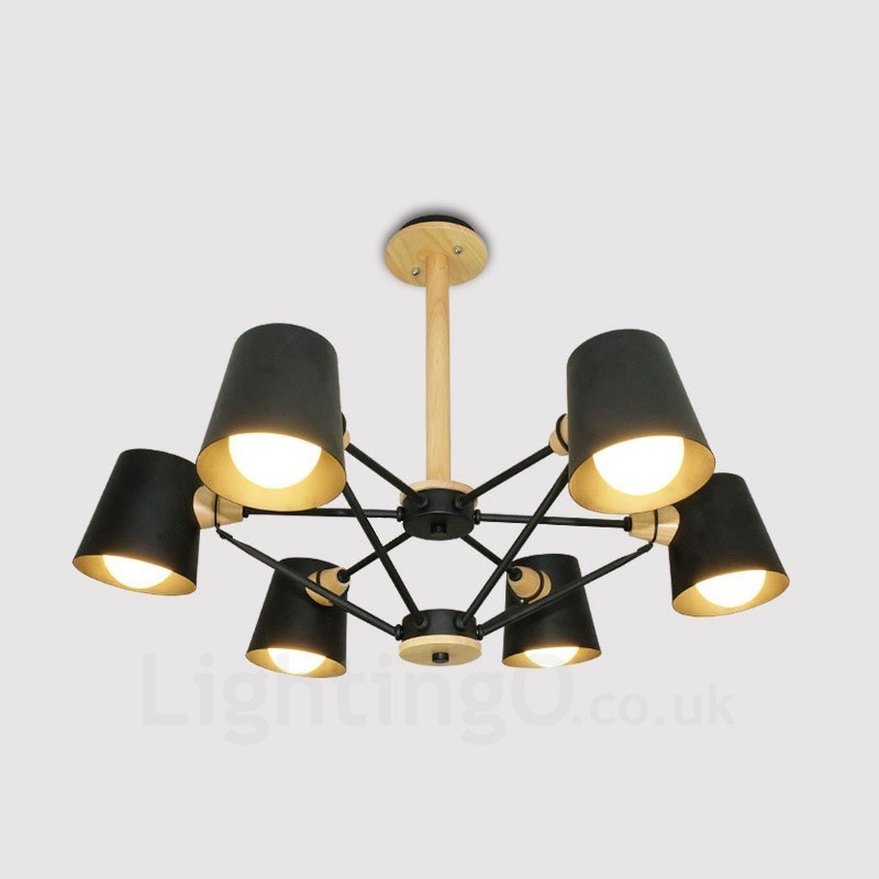 Lámpara colgante de estilo nórdico contemporáneo moderno de madera de 6 luces con pantalla de hierro
