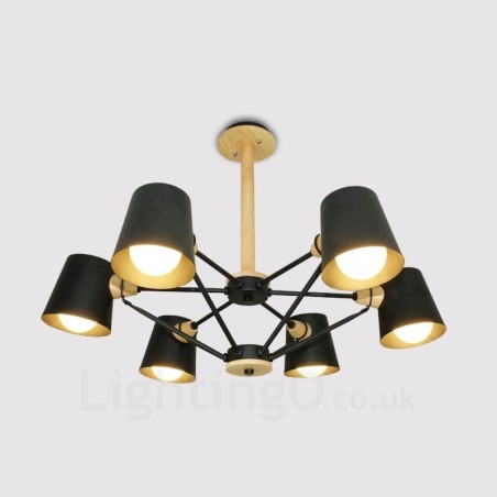 Lámpara colgante de estilo nórdico contemporáneo moderno de madera de 6 luces con pantalla de hierro Lámpara colgante de estilo nórdico contemporáneo moderno de madera de 6 luces con pantalla de hierro
