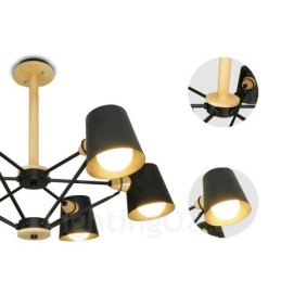 Lámpara colgante de estilo nórdico contemporáneo moderno de madera de 6 luces con pantalla de hierro