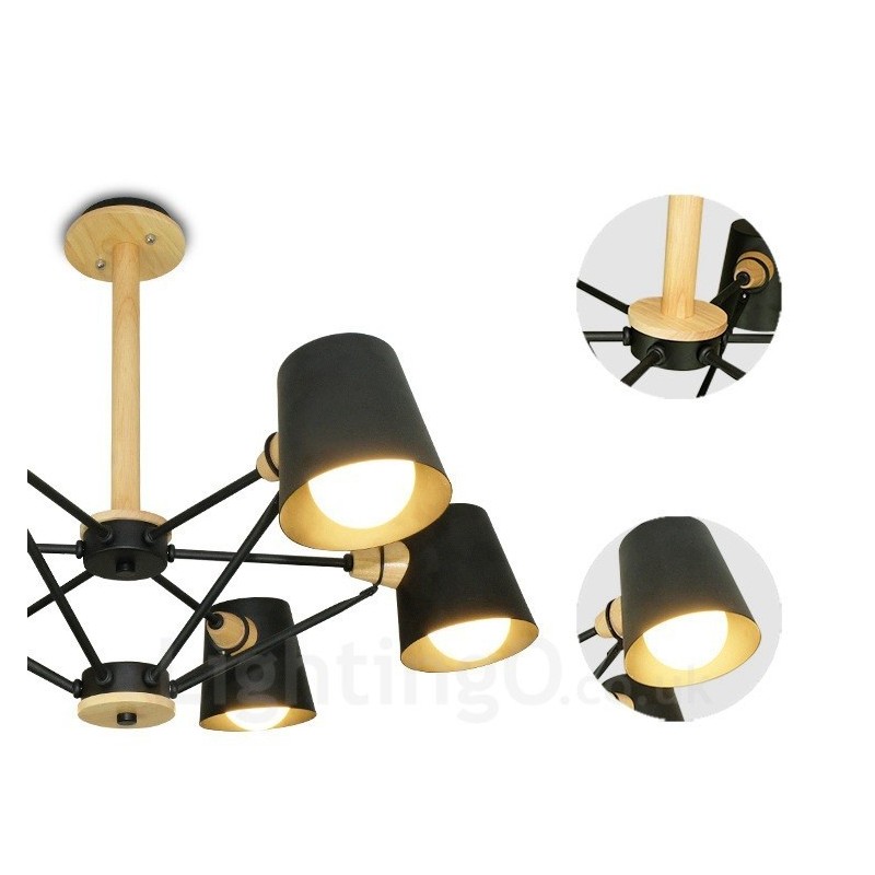 Lámpara colgante de estilo nórdico contemporáneo moderno de madera de 6 luces con pantalla de hierro
