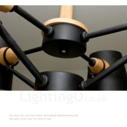 Lámpara colgante de estilo nórdico contemporáneo moderno de madera de 6 luces con pantalla de hierro
