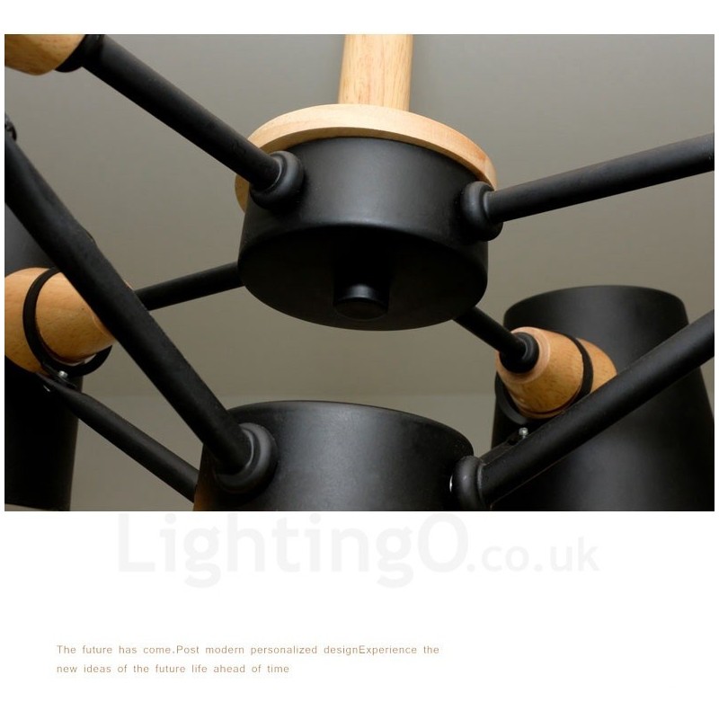 Lámpara colgante de estilo nórdico contemporáneo moderno de madera de 6 luces con pantalla de hierro