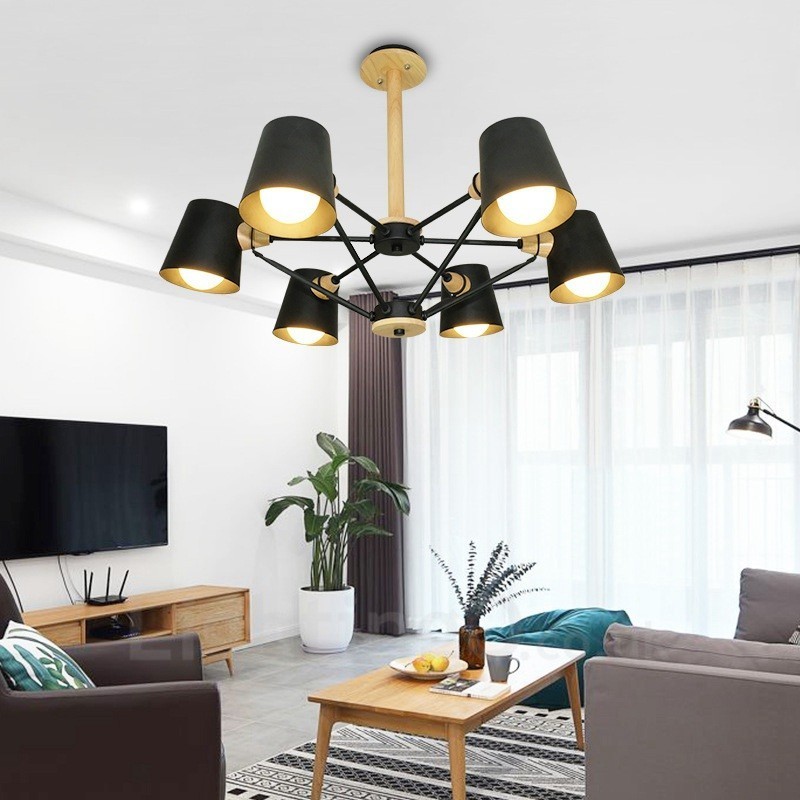 Lámpara colgante de estilo nórdico contemporáneo moderno de madera de 6 luces con pantalla de hierro