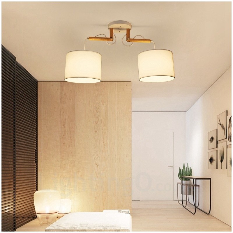 Lámpara colgante contemporánea moderna de madera de 2 luces con pantalla de tela