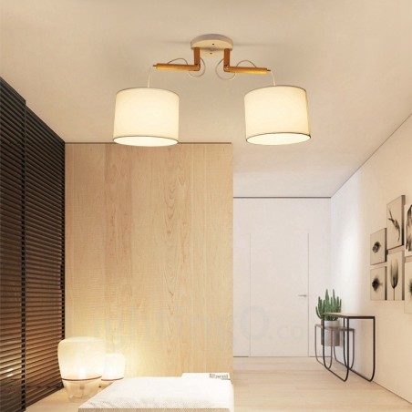 Lámpara colgante contemporánea moderna de madera de 2 luces con pantalla de tela Lámpara colgante contemporánea moderna de madera de 2 luces con pantalla de tela