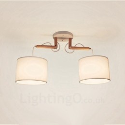 Lámpara colgante contemporánea moderna de madera de 2 luces con pantalla de tela
