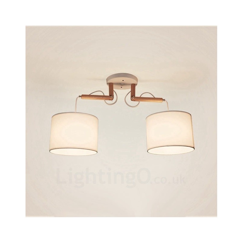 Lámpara colgante contemporánea moderna de madera de 2 luces con pantalla de tela