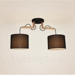 Lámpara colgante contemporánea moderna de madera de 2 luces con pantalla de tela