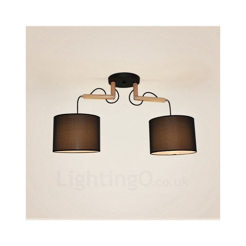 Lámpara colgante contemporánea moderna de madera de 2 luces con pantalla de tela