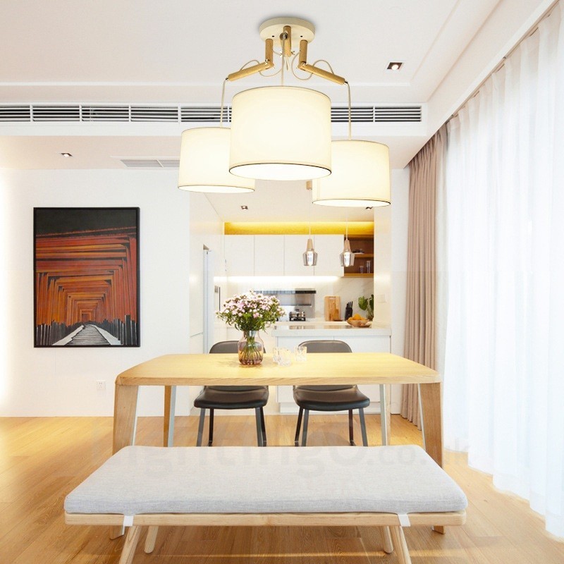 Lámpara colgante contemporánea moderna de madera de 3 luces con pantalla de tela