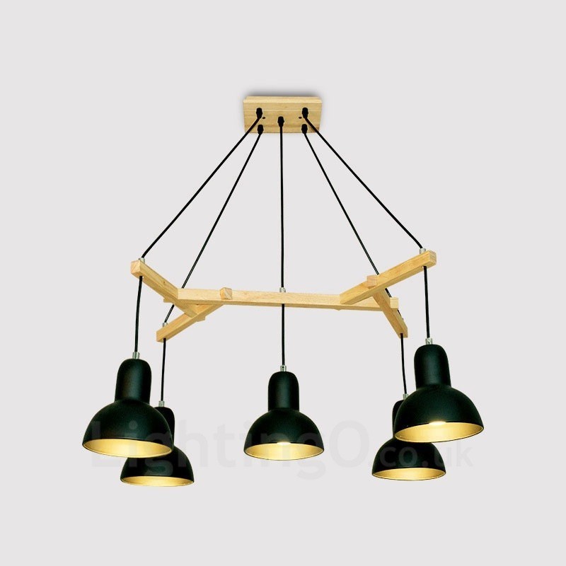 Lámpara colgante contemporánea moderna de madera de 5 luces con pantalla de hierro