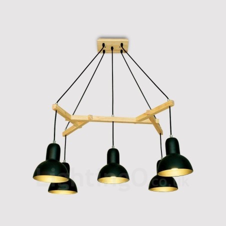 Lámpara colgante contemporánea moderna de madera de 5 luces con pantalla de hierro Lámpara colgante contemporánea moderna de madera de 5 luces con pantalla de hierro